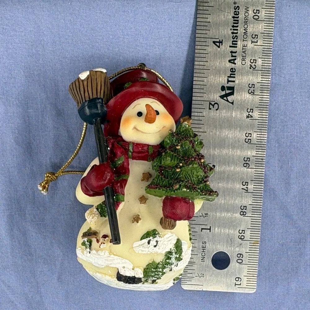 Home Interiors Snowman Ornament 54060 Red Hat Tree Broom Christmas Figurine Vtg